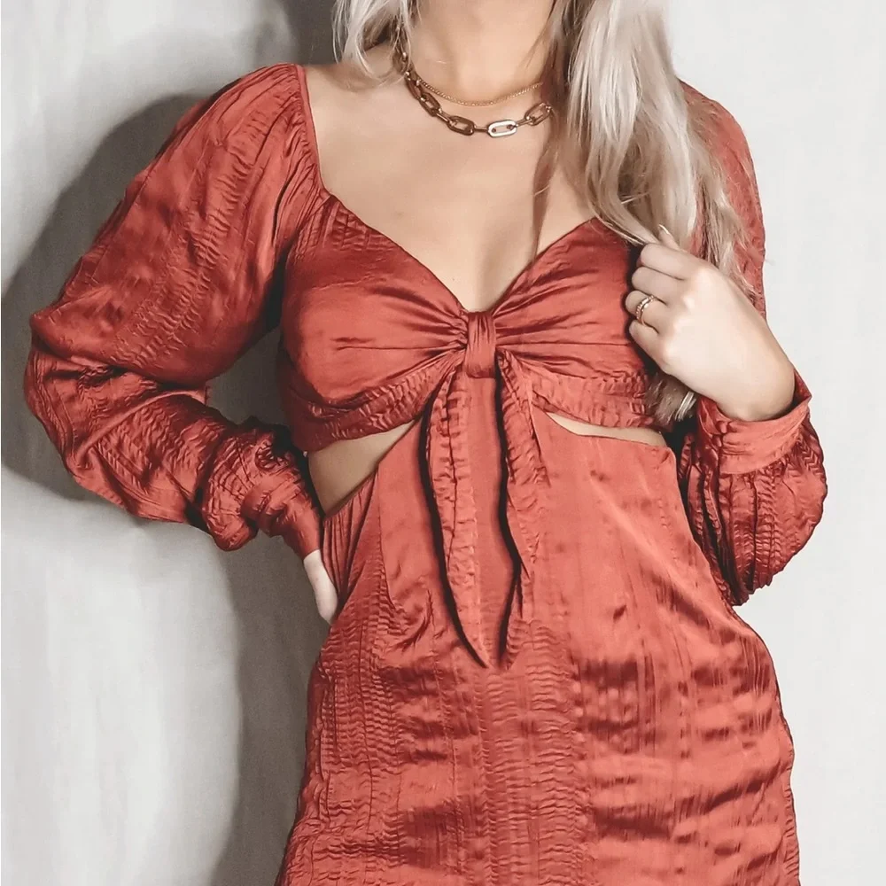 4Si3NNA Lorena Dress | Burnt Orange / Rust Long Sleeve Dress | Size Small - Picture 3 of 9